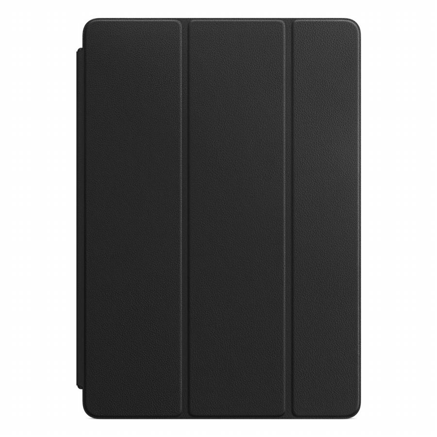 Funda negra para tableta, cerrada. Vertical con tres paneles. Textura de cuero liso.