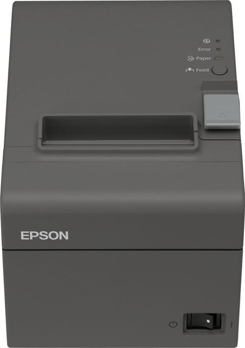 Impresora térmica EPSON gris. Tiene botones para error, papel y avance. Botón de encendido presente.