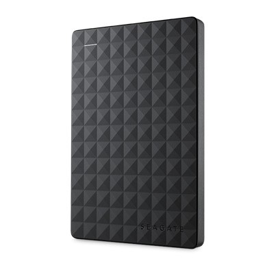 Disco duro externo Seagate negro con un patrón geométrico.