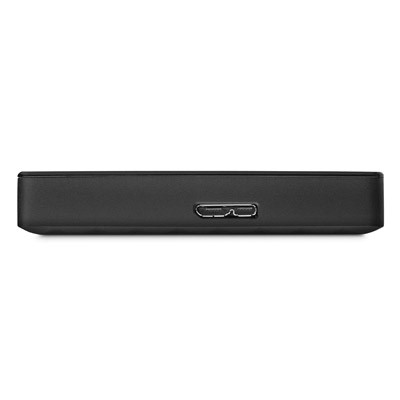 Un disco duro externo negro con un puerto USB en su lado, colocado sobre una superficie blanca.