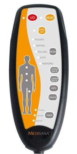Mando a distancia negro y naranja. Botones y diagrama del cuerpo humano.