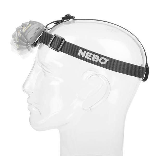 Una cabeza de maniquí transparente con una diadema negra con el logo NEBO y un faro.