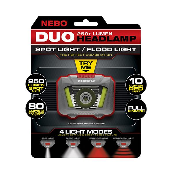 Embalaje de faro: negro y rojo. Características: foco/luz de inundación, 4 modos y 250 lúmenes.