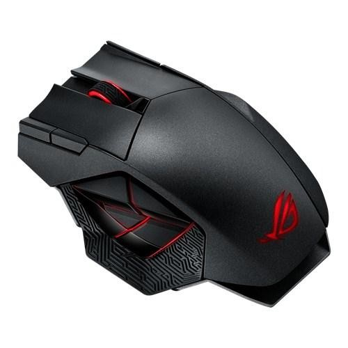 Un ratón para juegos negro con detalles rojos, logotipo ROG y superficie texturizada.