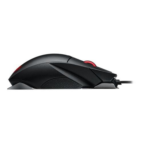Un ratón de ordenador negro con detalles rojos. Tiene un diseño elegante y ergonómico y un agarre lateral texturizado.