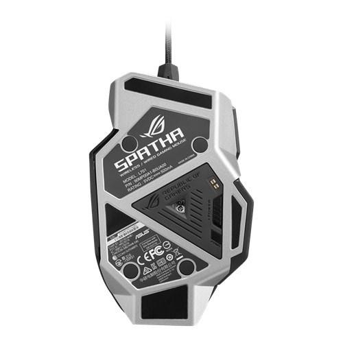 Parte inferior de un ratón gaming inalámbrico negro y plateado con el logotipo ROG.