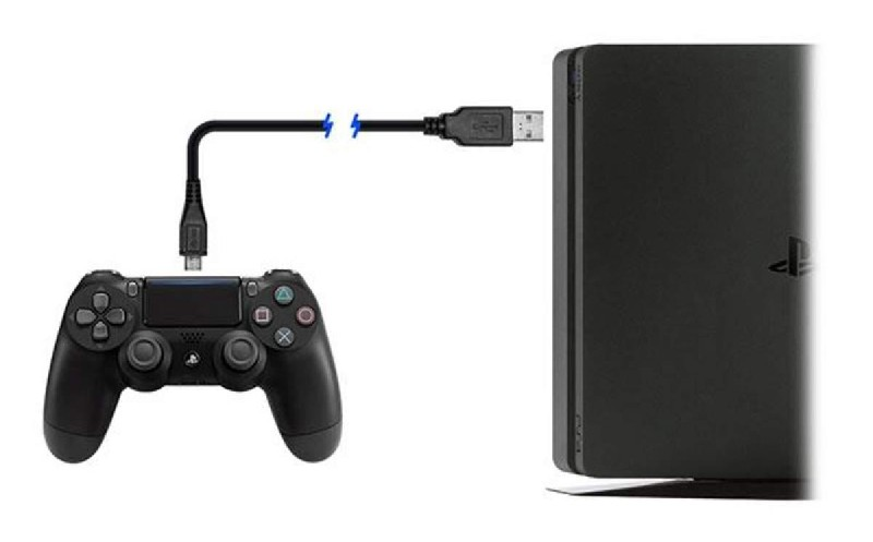 Un mando de PlayStation 4 conectado a una consola PS4 con un cable USB.