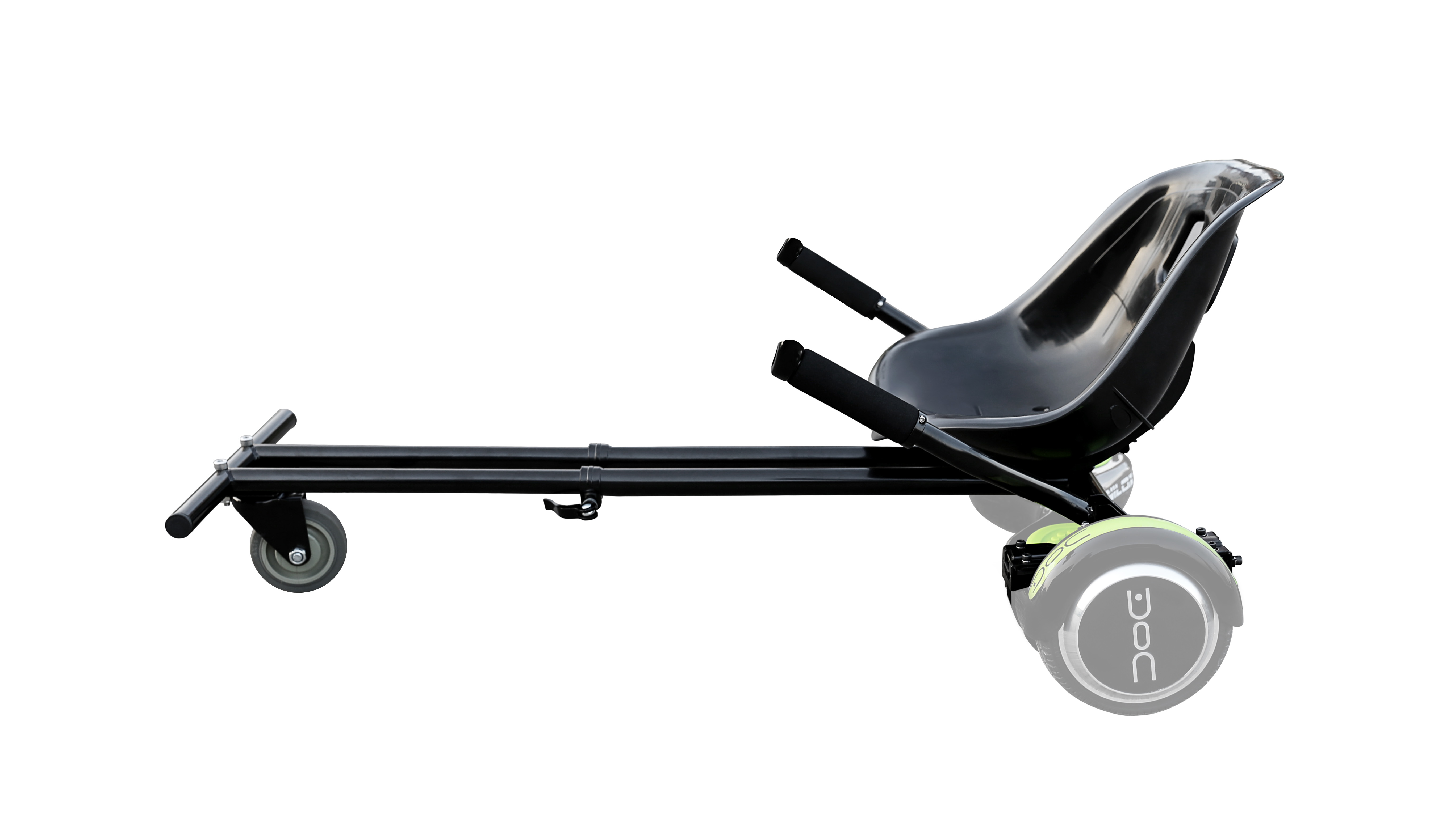 Accesorio de asiento para hoverboard negro con manijas y asiento negro.