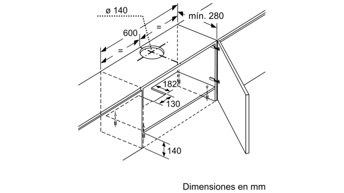 Dibujo técnico: una campana extractora con dimensiones en mm.