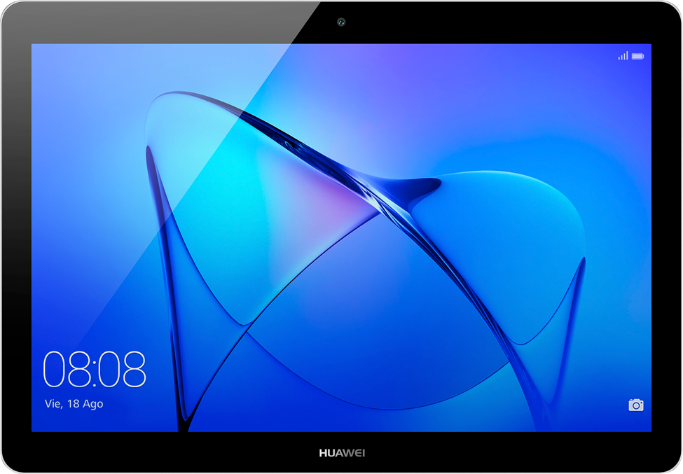 Tableta Huawei negra con fondo de pantalla abstracto azul y blanco. Pantalla encendida.
