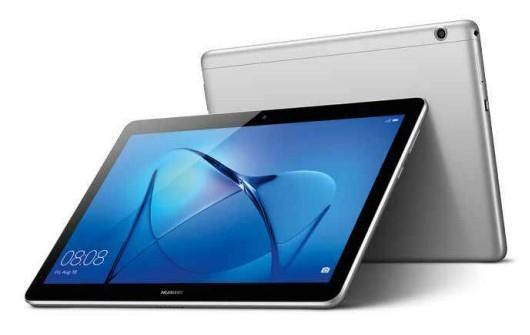 Dos tabletas plateadas, una está en ángulo para mostrar la pantalla con una pantalla azul y la hora.