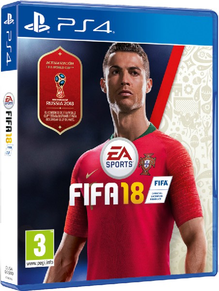 Caja del juego FIFA 18 PS4 con Ronaldo en la portada.