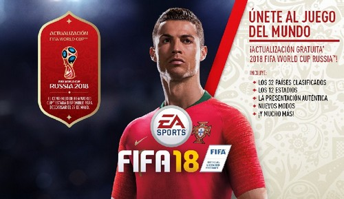 Anuncio de juego de fútbol. Ronaldo es el protagonista. Logotipo de FIFA 18. Combinación de colores rojo y blanco.