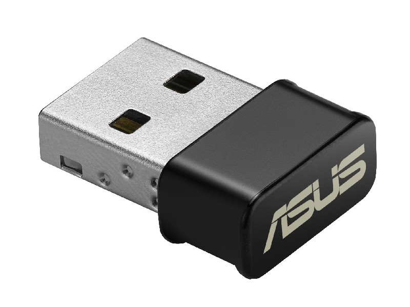 Adaptador USB ASUS. Gris y negro, con el logotipo de ASUS.