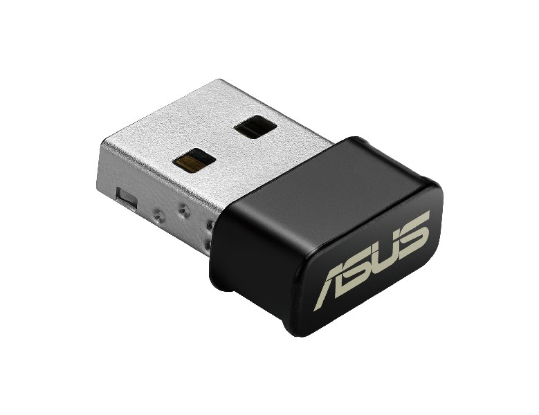 Adaptador USB ASUS negro y plateado.