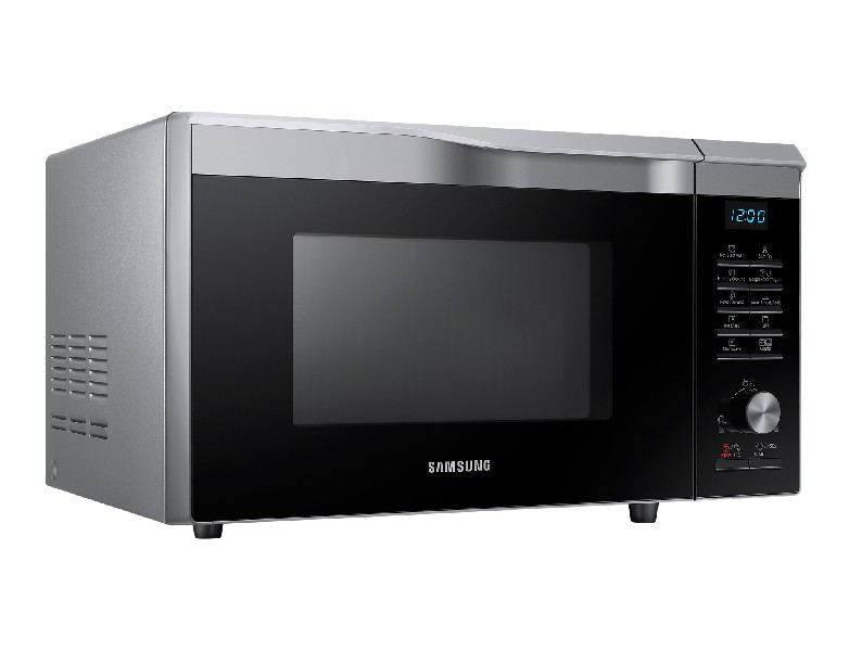 Un horno de microondas Samsung con puerta negra y pantalla digital.