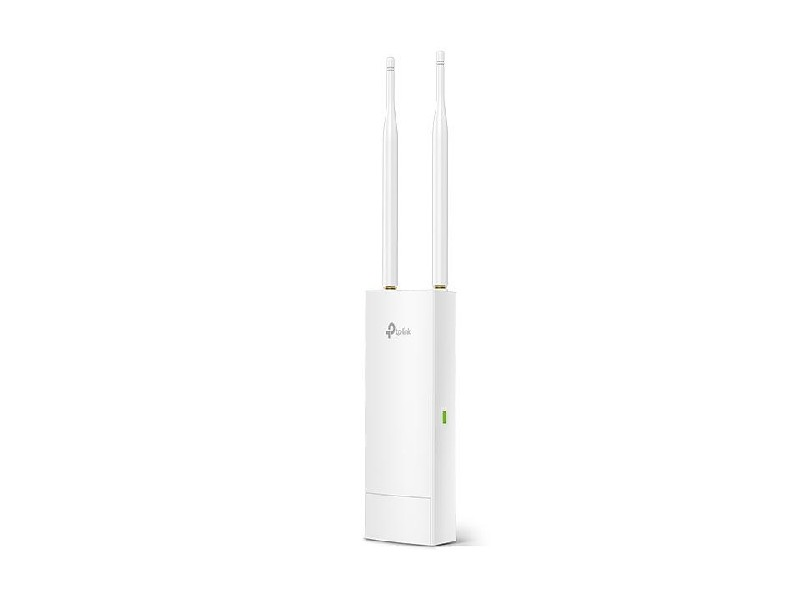 Un punto de acceso inalámbrico TP-Link blanco con dos antenas. El fondo es blanco.
