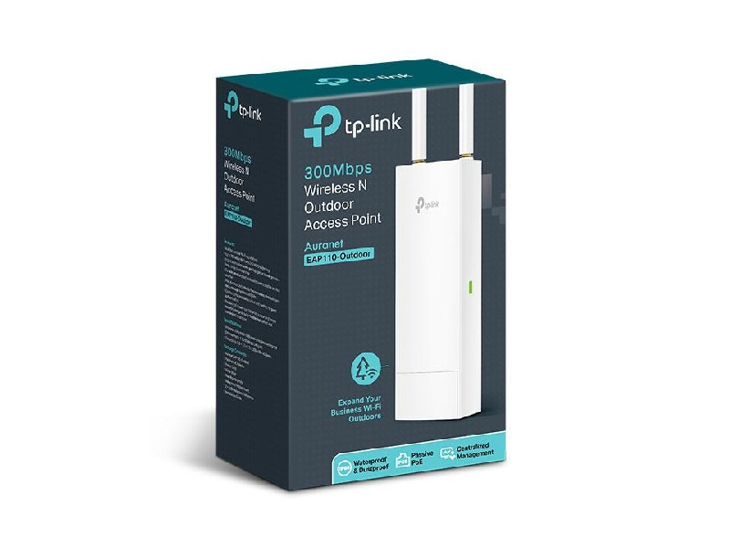 Punto de acceso TP-Link blanco. Wireless N. Caja negra con detalles del producto.