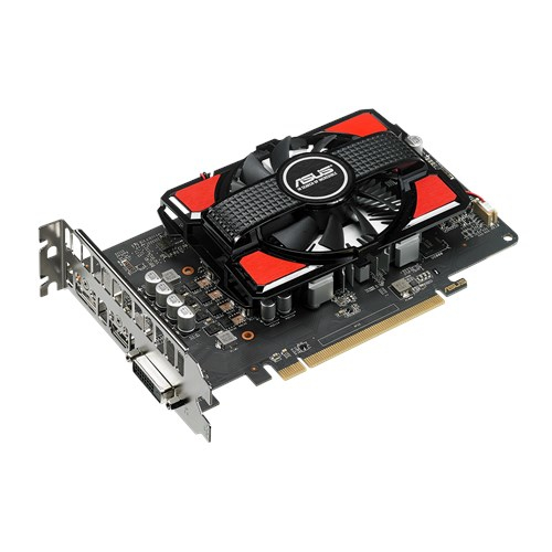 Una tarjeta gráfica ASUS. Tiene un ventilador negro, detalles en rojo y está montada en una placa de circuito negro. El fondo es blanco.