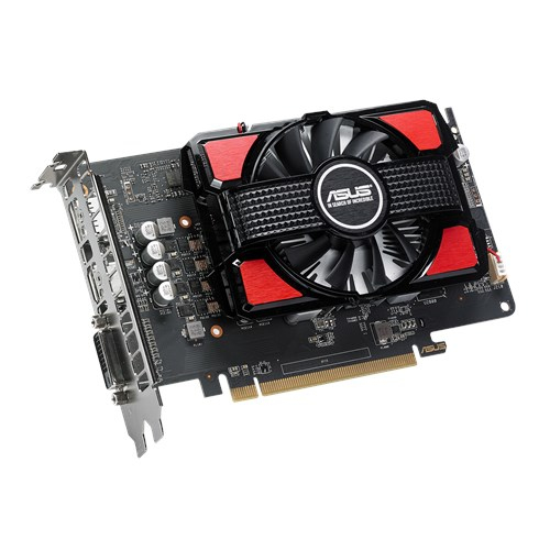 Una tarjeta gráfica ASUS negra y roja sobre un fondo blanco. Tiene un ventilador, un disipador de calor y varios puertos.