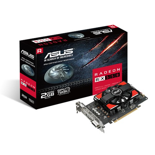 Una tarjeta gráfica ASUS Radeon RX 550 y su caja. La caja es negra con detalles rojos. La tarjeta tiene un ventilador negro y rojo.