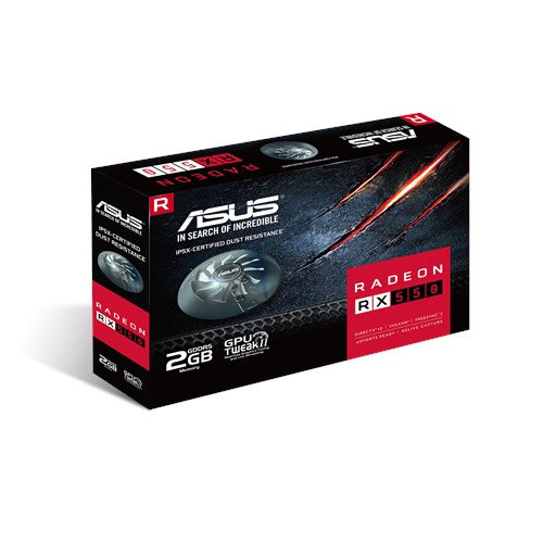 Se muestra una caja de tarjeta gráfica ASUS Radeon RX 550 negra y roja. La caja tiene el logotipo de Radeon y una imagen de la tarjeta.