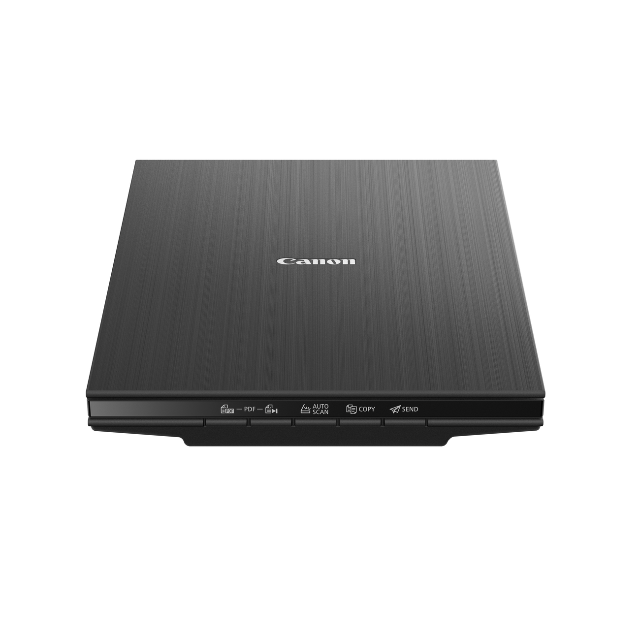 Zwarte Canon flatbed scanner met bedieningsknoppen. Het logo is zichtbaar.