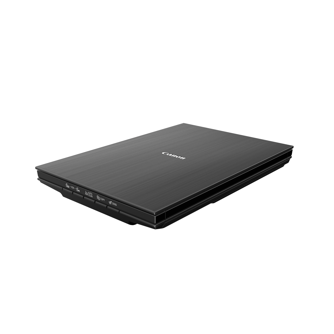 Zwarte Canon scanner op een witte achtergrond.
