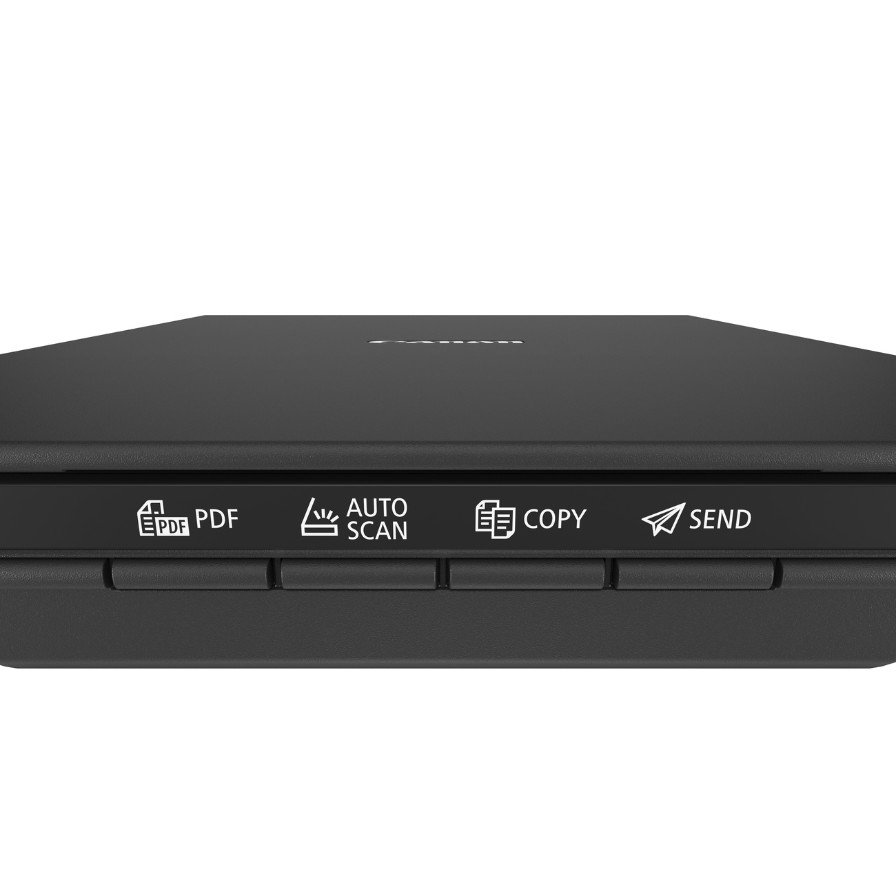 Close-up of a black scanner with buttons for PDF, Auto Scan, Copy, and Send on a white background.