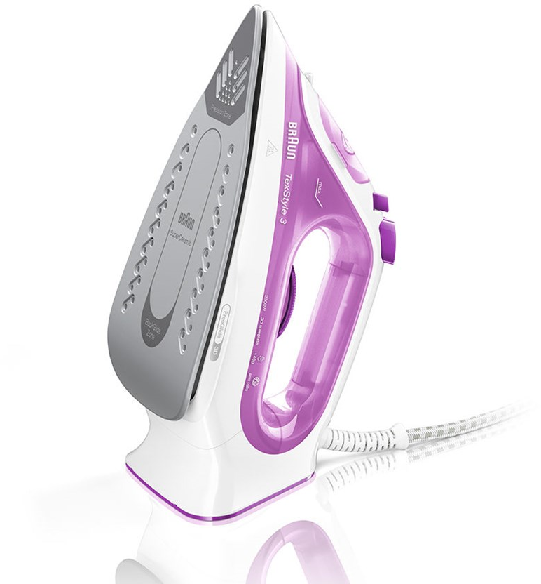 Braun TexStyle 3 Bügeleisen, weiß und lila, schräge Ansicht. Weißer Hintergrund.