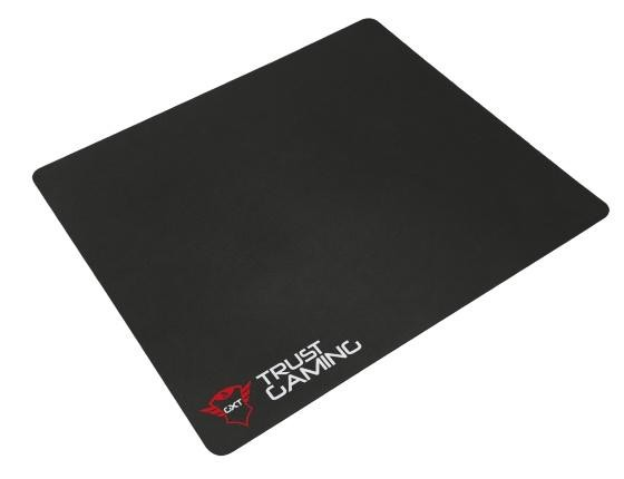 Alfombrilla de ratón negra con un logotipo rojo y texto blanco que dice "TRUST GAMING" y "CXT".