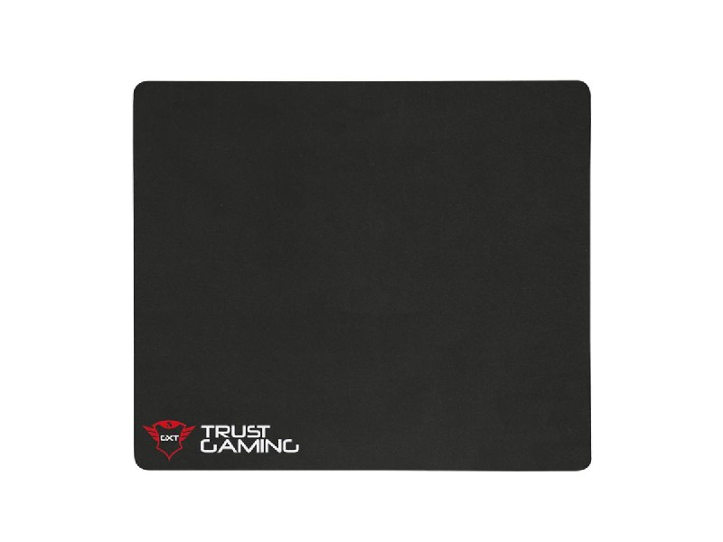 Alfombrilla de ratón Trust Gaming negra con el logotipo de Trust Gaming sobre fondo blanco.