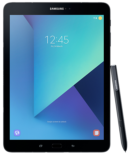 Una tableta Samsung negra con un lápiz óptico, que muestra un diseño geométrico azul y morado.