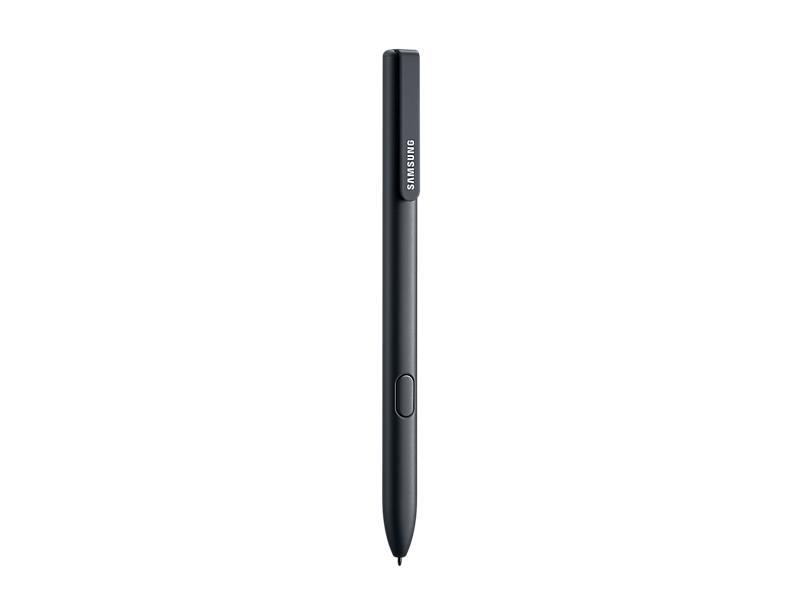 Un lápiz óptico Samsung negro con un botón, sobre un fondo blanco.