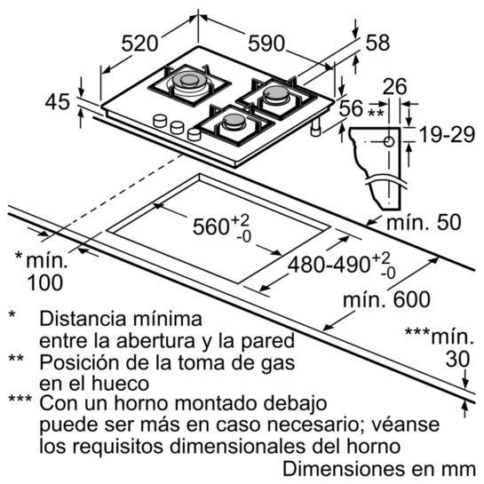 Un diagrama técnico de una encimera con dimensiones y etiquetas en español.