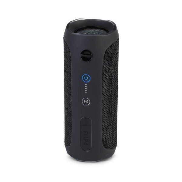 Altavoz JBL Flip 4 negro. Tiene botones de encendido, Bluetooth y reproducción/pausa, y un diseño de malla.