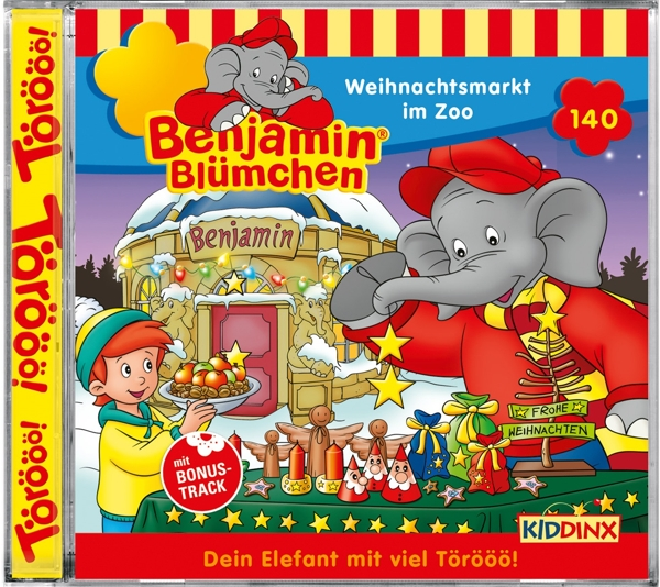 Benjamin Blümchen CD-Cover. Elefant, Junge und Zoo-Szene mit Weihnachtsdekorationen.