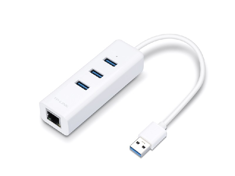 Concentrador USB TP-Link blanco con tres puertos USB y un puerto Ethernet. Fondo blanco.