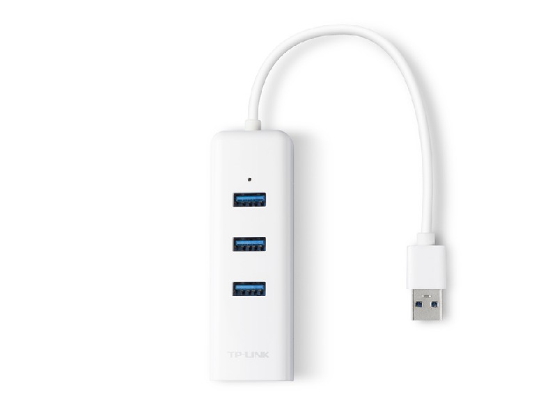 Concentrador USB blanco con tres puertos y un cable USB conectado, sobre fondo blanco.