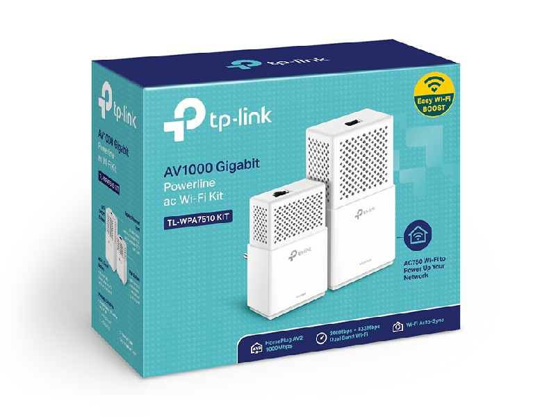Caja del kit Wi-Fi ac Powerline Gigabit AV1000 de TP-Link. Se muestran dos dispositivos blancos. Fondo blanco.