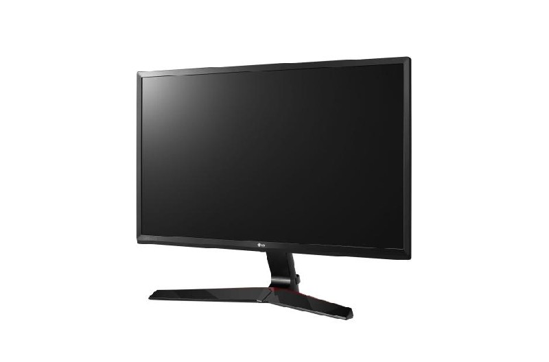 Monitor de computadora negro. Tiene un marco negro, una base negra y una pantalla negra vacía.