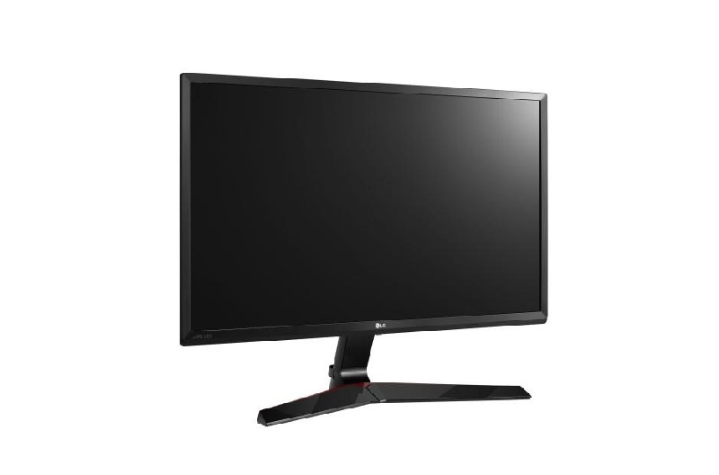 Un monitor de computadora LG con pantalla negra, soporte negro con detalles rojos y fondo blanco.