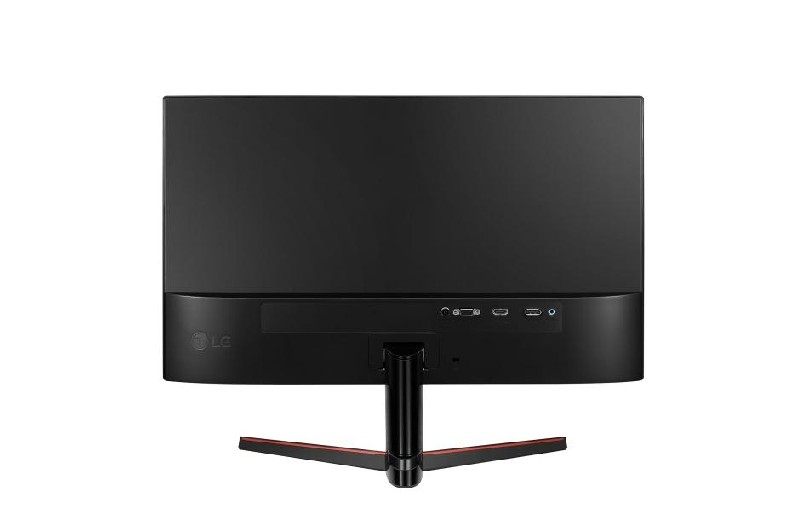 Monitor LG negro con detalles rojos, vista trasera, mostrando puertos.