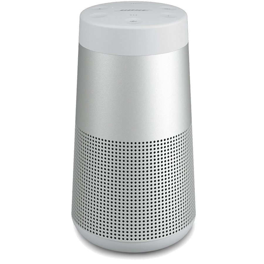 Altavoz Bose plateado y blanco con parte superior blanca y puntos negros.