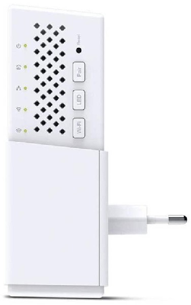 Extensor WiFi blanco con botones, luces y un enchufe. Forma rectangular y diseño simple.