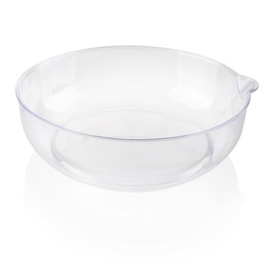 A clear, transparent plastic bowl on a white background with a slight shadow.
