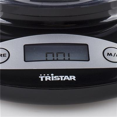 Close up of a black digital kitchen scale showing the number 001.