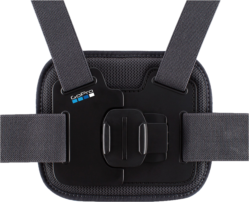 Un support de poitrine GoPro avec sangles et une base noire. Le logo GoPro est visible.
