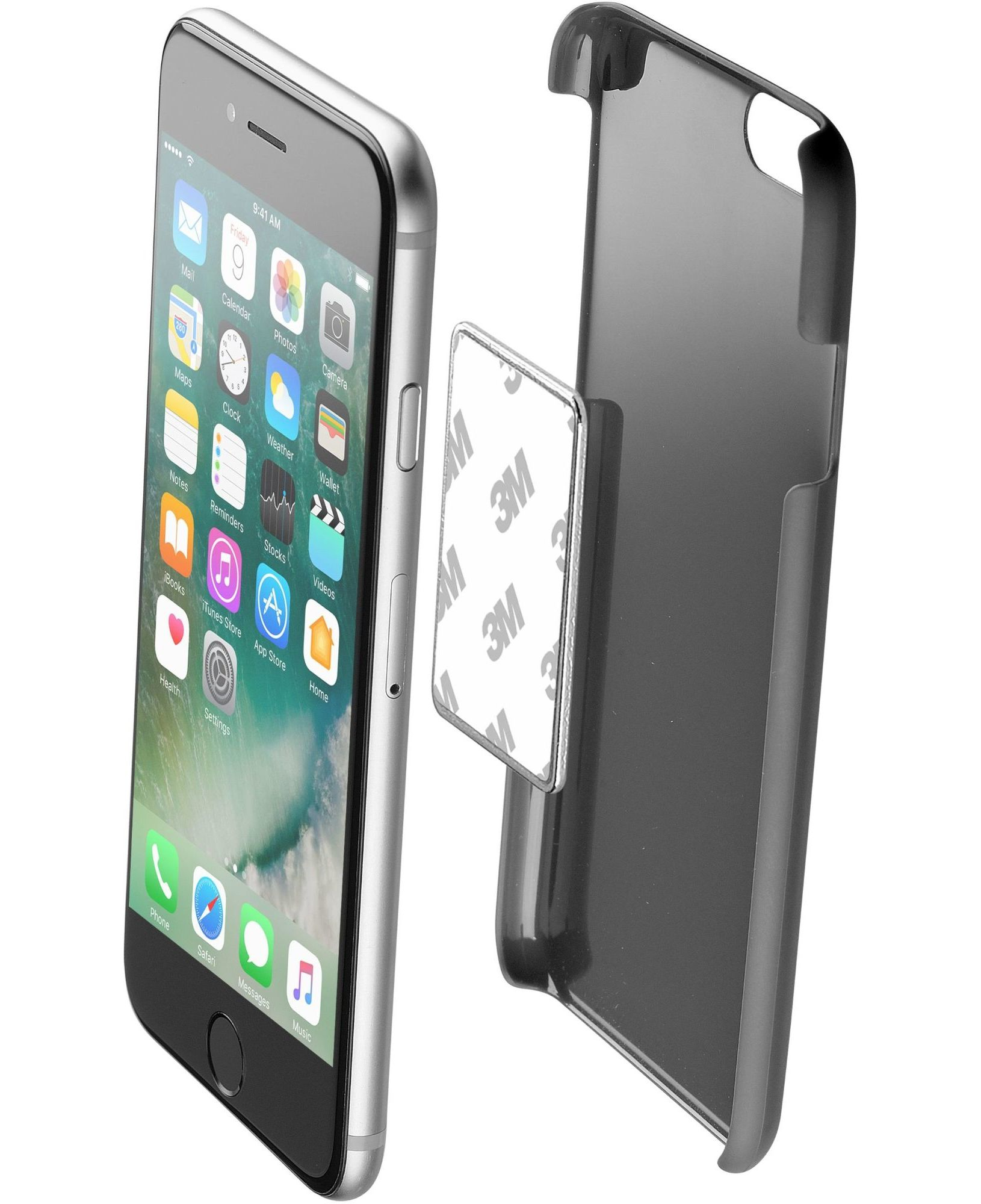 iPhone plateado con funda y adhesivo 3M. El teléfono muestra iconos de aplicaciones. Fondo blanco.