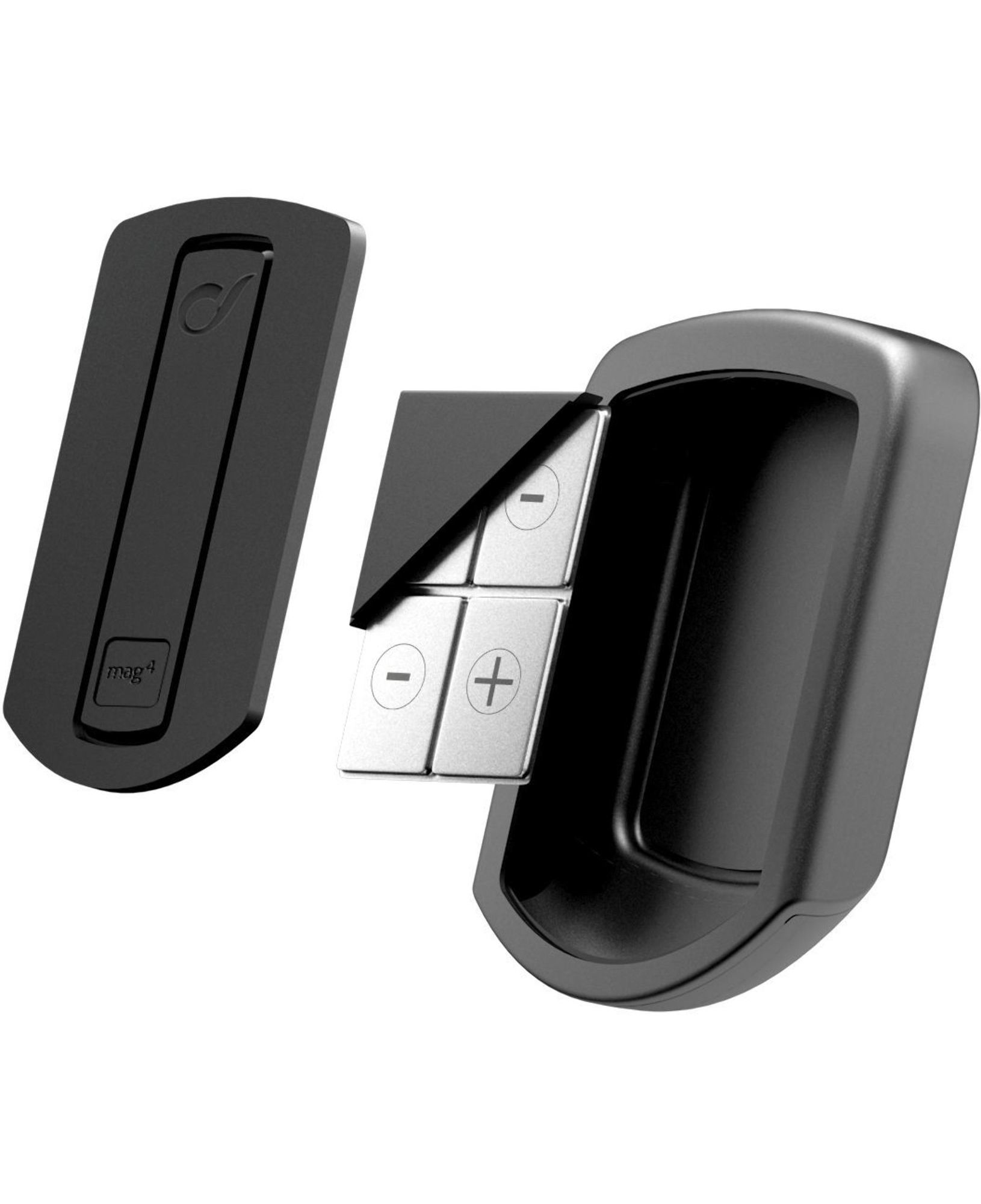 Un soporte magnético negro para teléfono con una ranura en forma de teléfono y una placa magnética separada.